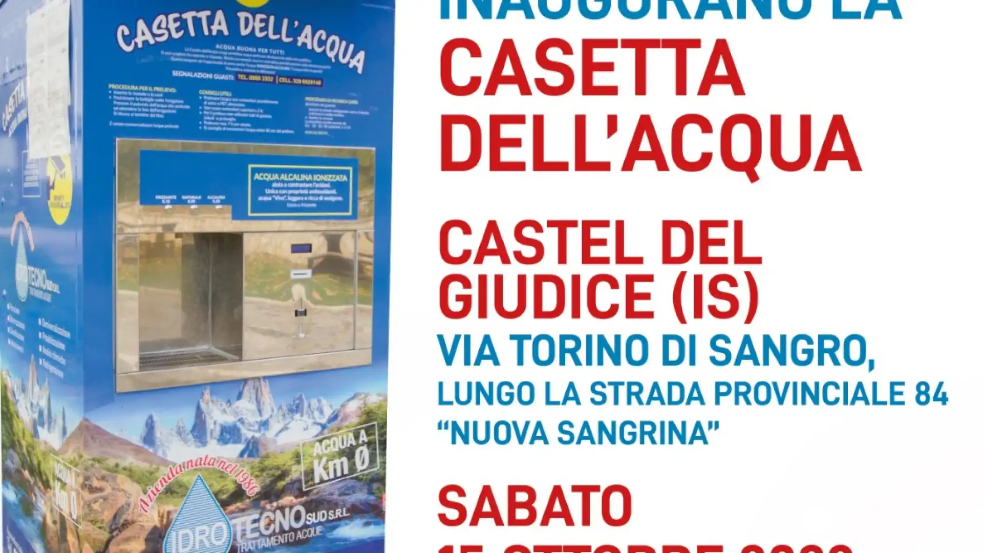 Castel Del Giudice: sabato 15 ottobre l’inaugurazione della Casetta dell’Acqua installata dalla Idro Tecno Sud srl di Carpinone.